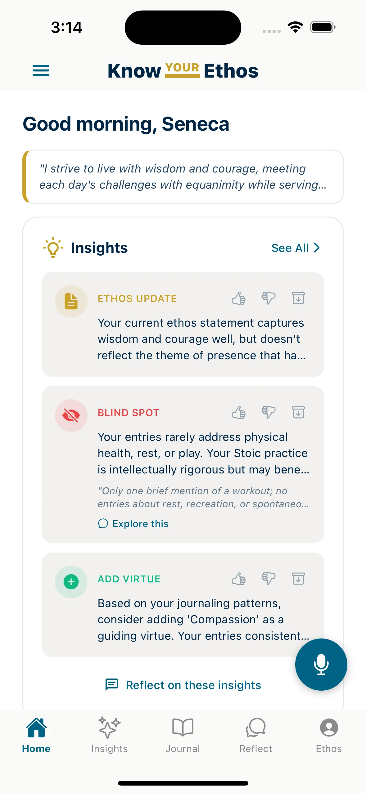 Know Your Ethos home screen showing daily Stoic quote and journal streak