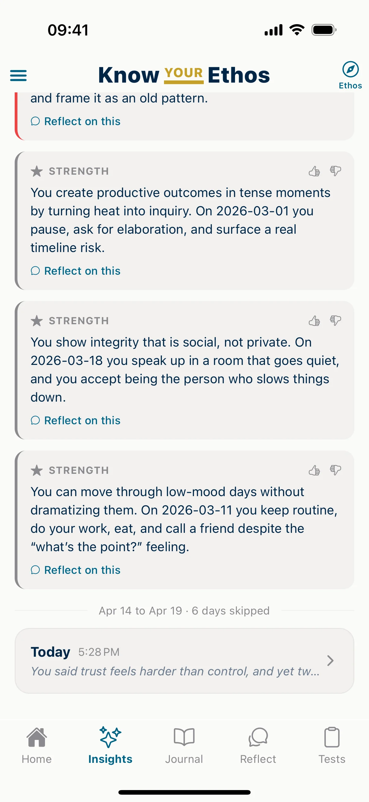 Know Your Ethos observations showing blind spots, patterns, and growth tracking