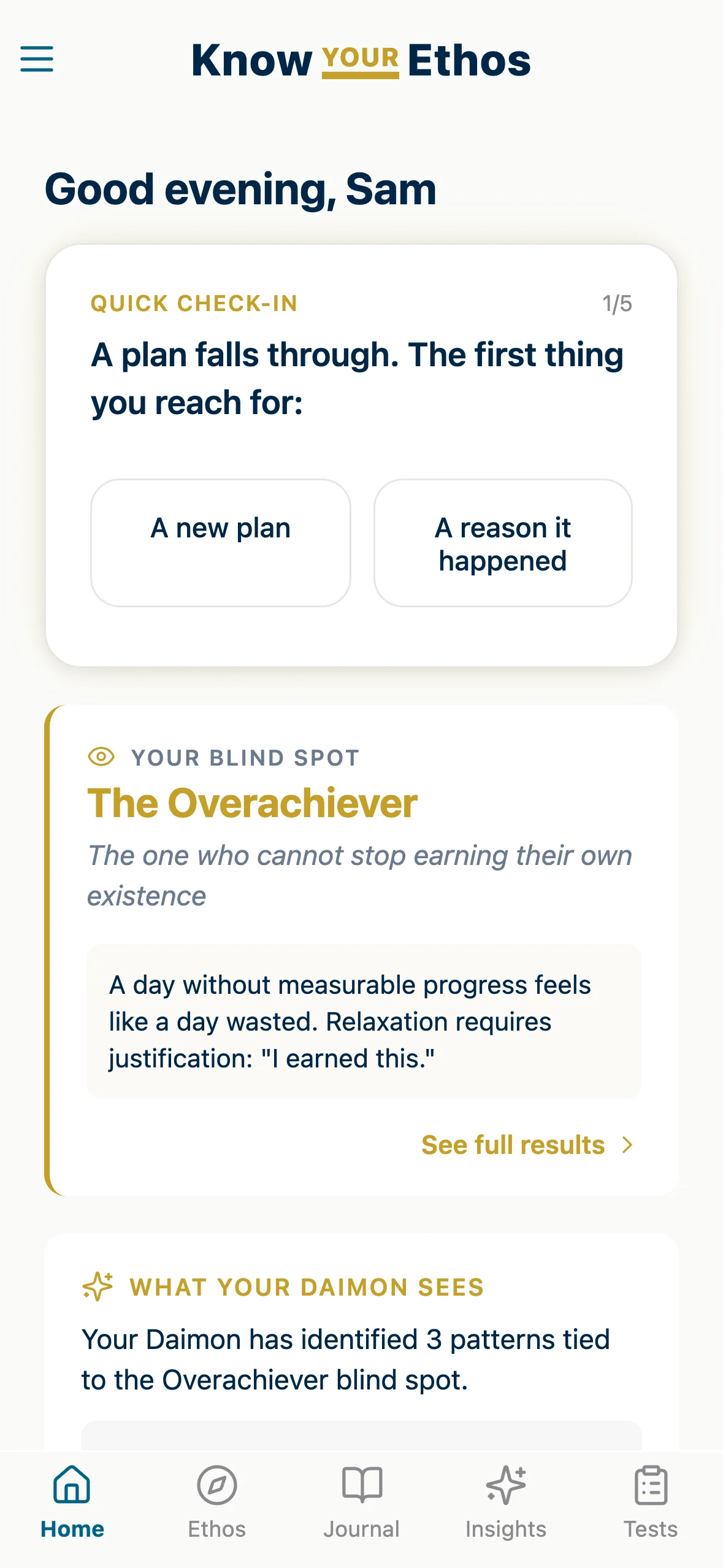 A daily check-in card in the Know Your Ethos app with two short answers to choose from.