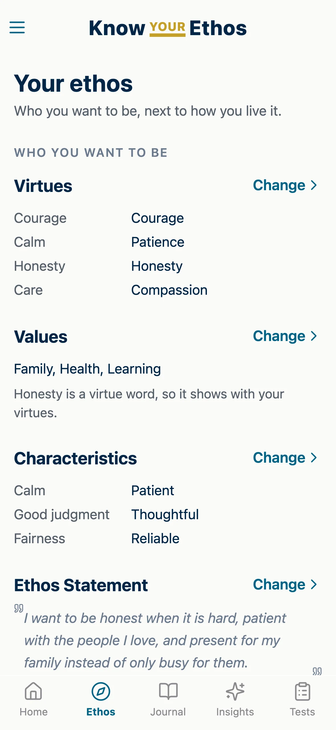 The Ethos tab in Know Your Ethos: the virtues, values and characteristics a person chose, each word beside its virtue, and their ethos statement.