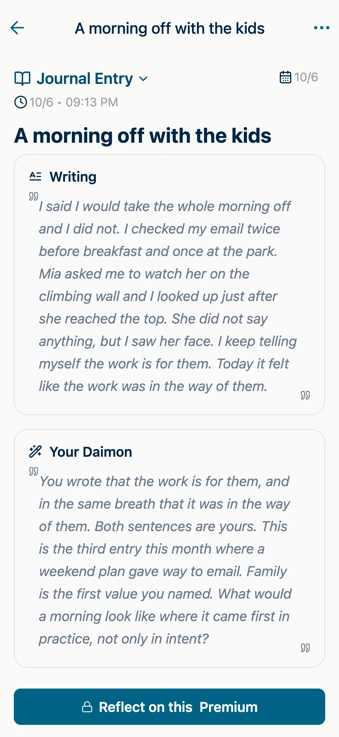 A journal entry in Know Your Ethos and the Daimon response under it.