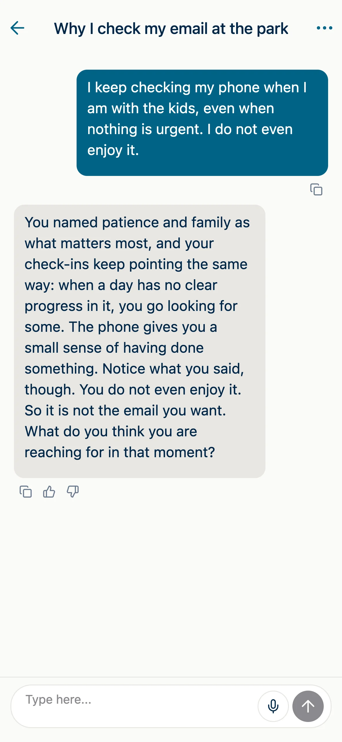 A reflection in Know Your Ethos: a person writes about checking their phone with their kids, and the Daimon reflects their words back.