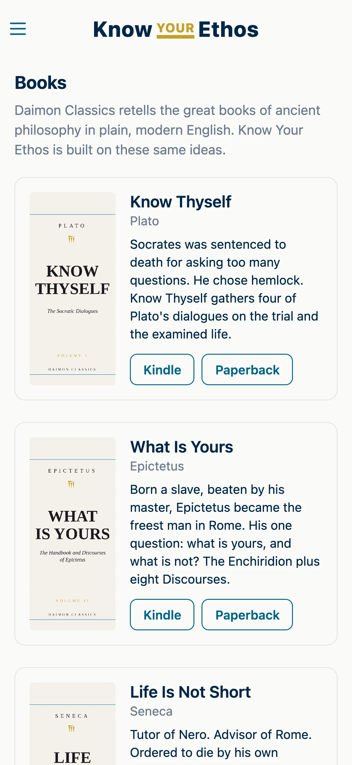 The Books screen in the Know Your Ethos app: the three Daimon Classics volumes, each with Kindle and Paperback links.