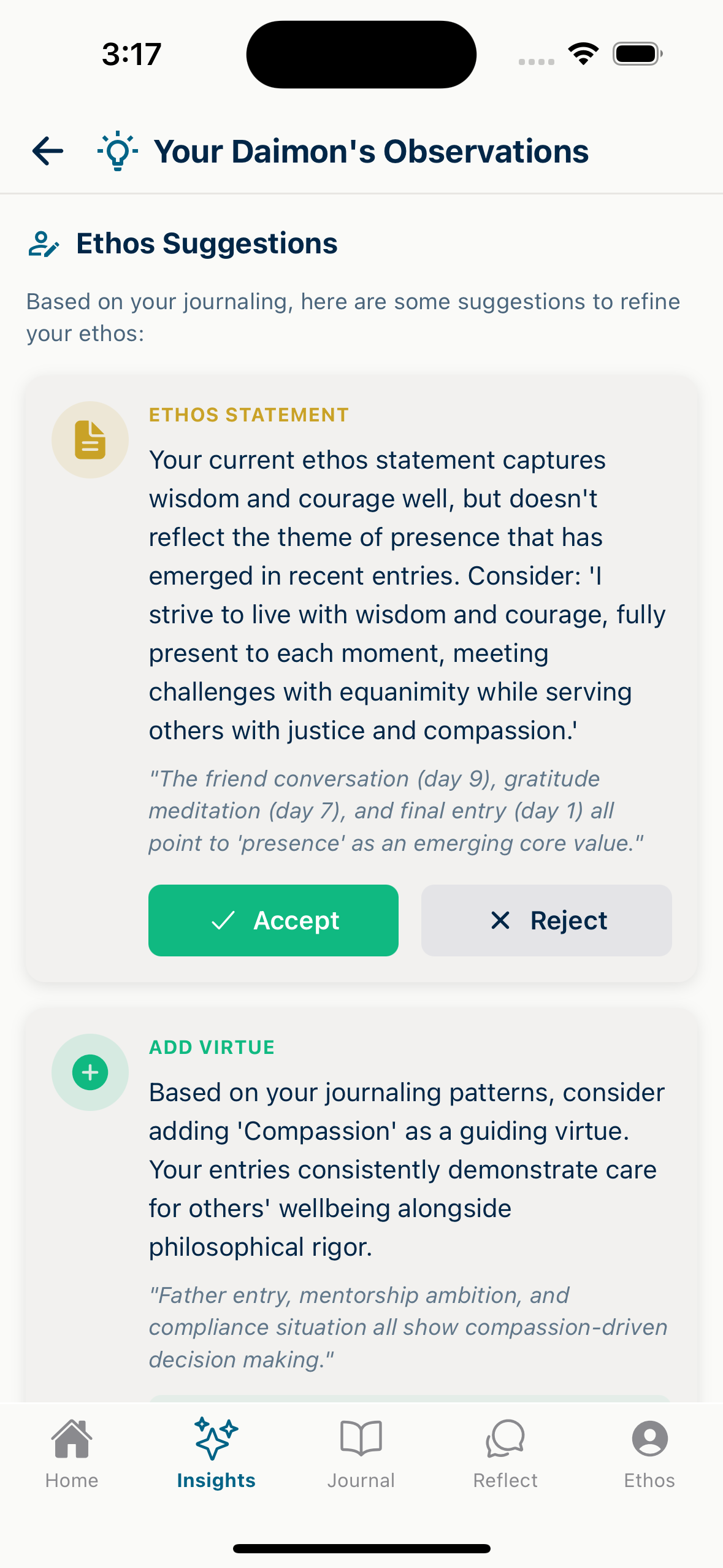Know Your Ethos insights view showing emotion patterns and AI analysis