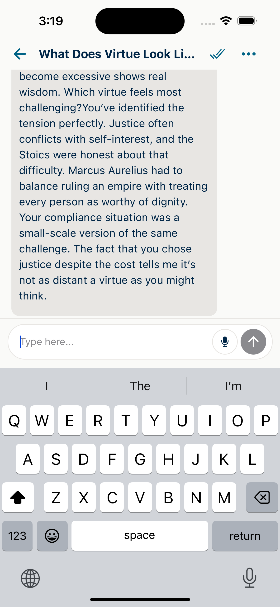 Know Your Ethos daimon reflection showing a personalized AI conversation about values